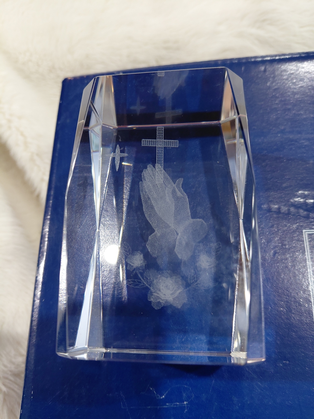 Crystal Prayer Keepsake with Etched Praying Hands and Cross 3D